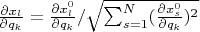$\frac{\partial x_l}{\partial q_k}=\frac{\partial x_l^0}{\partial q_k}/\sqrt{\sum_{s=1}^N(\frac{\partial x_s^0}{\partial q_k})^2}$