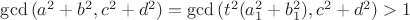 $\gcd{(a^2+b^2,c^2+d^2)}=\gcd{(t^2(a_1^2+b_1^2),c^2+d^2)}>1$