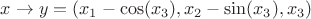$x\to y=(x_1-\cos(x_3),x_2-\sin(x_3),x_3)$
