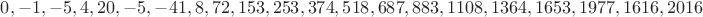 $0,-1,-5,4,20,-5,-41,8,72,153,253,374,518,687,883,1108,1364,1653,1977,1616,2016$ $0,-1,-5,4,20,-5,-41,8,72,153,253,374,518,687,883,1108,1364,1653,1977,1616,2016$