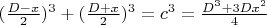 $(\frac{D-x}{2})^3 + (\frac{D+x}{2})^3 = c^3 = \frac{D^3 + 3Dx^2}{4}$