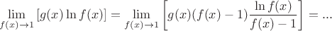 $$
\lim\limits_{f(x)\to 1}\left[g(x)\ln f(x)\right]=\lim\limits_{f(x)\to 1}\left[g(x)(f(x)-1)\frac{\ln f(x)}{f(x)-1}\right]=...
$$