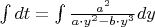 $\int dt=\int \frac{a^2}{a\cdot y^2-b\cdot y^3}dy$