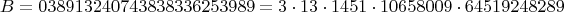 $$B=038913240743838336253989=3\cdot13\cdot1451\cdot10658009\cdot64519248289$$