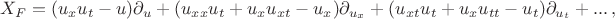 $$X_F = (u_xu_t - u)\partial_u + (u_{xx}u_t + u_xu_{xt} - u_x)\partial_{u_x} + (u_{xt}u_t + u_xu_{tt} - u_t)\partial_{u_t} + ... \,,$$