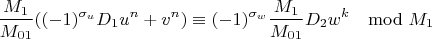 $$\frac{M_1}{M_{01}}((-1)^{\sigma_u}D_1u^n+v^n)\equiv(-1)^{\sigma_w}\frac{M_1}{M_{01}}D_2w^k\mod M_1 $$