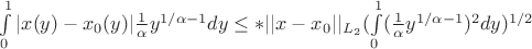 \int\limits_{0}^{1} |x(y)-x_0(y)| \frac{1}{\alpha}y^{1/\alpha-1}dy \le * ||x-x_0||_{L_2}  (\int\limits_{0}^{1} (\frac{1}{\alpha}y^{1/\alpha-1})^2 dy)^{1/2}