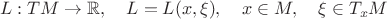 $$L:TM\to\mathbb{R},\quad L=L(x,\xi),\quad x\in M,\quad \xi\in T_xM$$