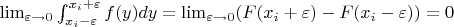 $\lim_{\varepsilon \rightarrow 0}\int_{x_i-\varepsilon}^{x_i+\varepsilon}f(y)dy =\lim_{\varepsilon \rightarrow 0}( F(x_i+\varepsilon) - F(x_i-\varepsilon))= 0 $
