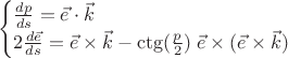 $$\begin{cases}\frac{dp}{ds}=\vec e\cdot\vec k\\2\frac{d\vec e}{ds}=\vec e\times\vec k-\ctg(\frac p 2)\;\vec e\times(\vec e\times\vec k)\end{cases}$$