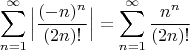 $$\sum_{n=1}^{\infty} \Big|\dfrac{(-n)^n}{(2n)!}\Big|=\sum_{n=1}^{\infty} \dfrac{n^n}{(2n)!}$$