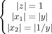 $\left\{\begin{matrix}
\left | z \right |=1 \\ 
\left | x_1 \right |=\left | y \right |\\ 
\left | x_2 \right |=\left | 1/y \right |
\end{matrix}\right.$
