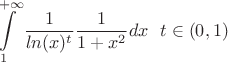 $$ \int\limits_{1}^{+\infty} \frac{1}{ln(x)^{t}} \frac{1}{1+x^{2}}dx \,\,\,\, t\in(0,1) $$