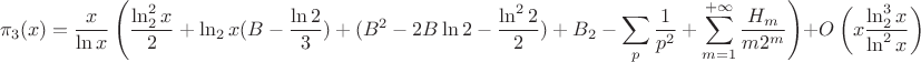 $$\pi_3(x)=\frac{x}{\ln x}\left(\frac{\ln_2^2x}{2}+\ln_2x(B-\frac{\ln 2}{3})+(B^2-2B\ln 2-\frac{\ln^22}{2})+B_2-\sum\limits_p\frac{1}{p^2}+\sum\limits_{m=1}^{+\infty}\frac{H_m}{m2^m}\right)+O\left(x\frac{\ln_2^3x}{\ln^2x}\right)$$
