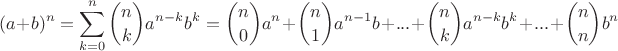 $$(a + b)^n = \sum\limits_{k = 0}^n \binom {n}{k} a^{n - k}b^k = \binom {n}{0}a^n + \binom {n}{1}a^{n - 1}b + ... + \binom {n}{k} a^{n - k}b^k + ... + \binom {n}{n}b^n$$
