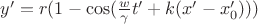 $y' = r(1 - \cos(\frac{w}{\gamma} t' + k(x' - x_0')))$