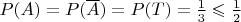 $P(A) = P(\overline A) = P(T) = \frac 1 3 \leqslant \frac 1 2$