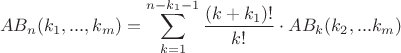 $$AB_n(k_1,...,k_m)=\sum_{k=1}^{n-k_1-1}\dfrac{(k+k_1)!}{k!}\cdot AB_k(k_2,...k_m)$$