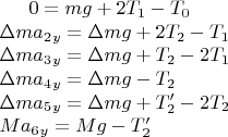 $
0&=mg+2T_1-T_0 \\
\Delta ma_2_y&=\Delta mg+2T_2-T_1 \\
\Delta ma_3_y&=\Delta mg+T_2-2T_1 \\
\Delta ma_4_y&=\Delta mg-T_2 \\
\Delta ma_5_y&=\Delta mg+T_{2}^{\prime}-2T_2 \\
Ma_6_y&=Mg-T_{2}^{\prime}
$