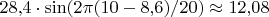 $28{,}4\cdot\sin(2\pi(10-8{,}6)/20)\approx12{,}08$