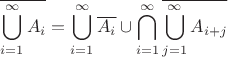 $$\overline{\bigcup\limits_{i=1}^{\infty}A_i}=\bigcup\limits_{i=1}^{\infty}\overline{A_i}\cup\bigcap\limits_{i=1}^{\infty}\overline{\bigcup\limits_{j=1}^{\infty}A_{i+j}}$$