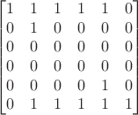 $$\begin{bmatrix}
1&1&1&1&1&0\\
0&1&0&0&0&0\\
0&0&0&0&0&0\\
0&0&0&0&0&0\\
0&0&0&0&1&0\\
0&1&1&1&1&1
\end{bmatrix}$$