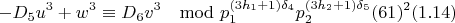 $$-D_5u^3+w^3\equiv D_6v^3\mod p_1^{(3h_1+1)\delta_4}p_2^{(3h_2+1)\delta_5}(61)^2 (1.14)$$