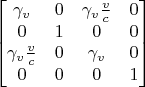 $$\begin{bmatrix}
 \gamma_v & 0  & \gamma_v \frac{v}{c} & 0 \\
 0 & 1  & 0 & 0 \\
 \gamma_v \frac{v}{c} & 0 & \gamma_v & 0 \\
0 & 0 & 0 & 1
\end{bmatrix}$$