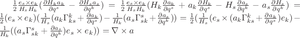 $\frac{1}{2} \frac{e_s \times e_k}{H_sH_k}(\frac{\partial H_k a_k}{\partial q^s}-\frac{\partial H_sa_s}{\partial q^k}) = \frac{1}{2} \frac{e_s \times e_k}{H_sH_k}(H_k\frac{\partial a_k}{\partial q^s}+a_k\frac{\partial H_k}{\partial q^s}-H_s\frac{\partial a_s}{\partial q^k}-a_s\frac{\partial H_s}{\partial q^k}) = \frac{1}{2} (e_s \times e_k) (\frac{1}{H_s}(a_k {\Gamma}_{ks}^{k} + \frac{\partial a_k}{\partial q^s}) - \frac{1}{H_k}(a_s {\Gamma}_{sk}^{s} + \frac{\partial a_s}{\partial q^k})) = \frac{1}{2}(\frac{1}{H_s}(e_s \times (a_k {\Gamma}_{ks}^{k} + \frac{\partial a_k}{\partial q^s})e_k) - \frac{1}{H_k}((a_s {\Gamma}_{sk}^{s} + \frac{\partial a_s}{\partial q^k})e_s \times e_k)) = \nabla \times a$