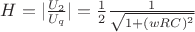 $H = |\frac{U_{2}}{U_{q}}| = \frac{1}{2} \frac{1}{\sqrt{1+(wRC)^2}}$