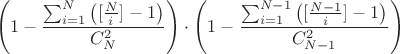 $$\left(1- \frac{\sum_{i=1}^N \left([\frac{N}{i}]-1\right)}{C_N^2}\right)\cdot\left(1-\frac{\sum_{i=1}^{N-1} \left([\frac{N-1}{i}]-1\right)}{C_{N-1}^2}\right)$$