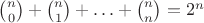 ${n\choose 0}+{n\choose 1}+\ldots+{n\choose n}=2^n$