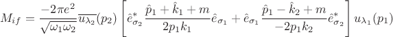 $$M_{if}=\frac{-2\pi e^2}{\sqrt{\omega_1\omega_2}}\overline{u_{\lambda_2}}(p_2)\left[\hat e_{\sigma_2}^*\frac{\hat p_1+\hat k_1+m}{2p_1k_1}\hat e_{\sigma_1}+\hat e_{\sigma_1}\frac{\hat p_1-\hat k_2+m}{-2p_1k_2}\hat e_{\sigma_2}^*\right]u_{\lambda_1}(p_1)$$