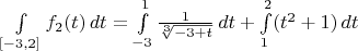 $ \int \limits_{[-3, 2]} f_2(t)\, dt = \int \limits_{-3}^{1} \frac{1}{\sqrt[3]{-3+t}} \, dt + \int \limits_{1}^{2} (t^2+1) \, dt $