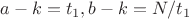 $a-k = t_1, b-k = N/t_1$