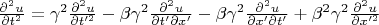 $\frac{\partial^2 u}{\partial t^2}=\gamma^2\frac{\partial^2 u}{\partial t'^2}-\beta \gamma^2 \frac{\partial^ 2 u}{\partial t' \partial x'}-\beta \gamma^2 \frac{\partial^ 2 u}{\partial x' \partial t'}+\beta^2 \gamma^2 \frac{\partial^2 u}{\partial x'^2}$