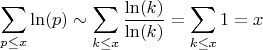 $$\sum_{p \leq x} \ln(p) \sim \sum_{k \leq x} \frac {\ln(k)}{\ln(k)}=\sum_{k \leq x} {1}=x$$