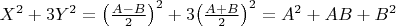 ${{X}^{2}}+3{{Y}^{2}}={{\left( \frac{A-B}{2} \right)}^{2}}+3{{\left( \frac{A+B}{2} \right)}^{2}}={{A}^{2}}+AB+{{B}^{2}}$