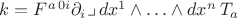 $k = F^{a\, 0i} \partial_i \lrcorner \, dx^1\wedge \ldots \wedge dx^{n}\, T_a$