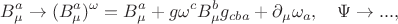 $$
B_{\mu}^{a} \to (B_{\mu}^{a})^{\omega} = B_{\mu}^{a} + g\omega^{c}B_{\mu}^{b}g_{cba} + \partial_{\mu}\omega_{a}, \quad \Psi \to ... ,
$$ $$
B_{\mu}^{a} \to (B_{\mu}^{a})^{\omega} = B_{\mu}^{a} + g\omega^{c}B_{\mu}^{b}g_{cba} + \partial_{\mu}\omega_{a}, \quad \Psi \to ... ,
$$