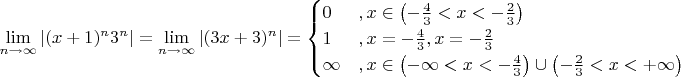 $$\lim\limits_{n \to \infty} \left | (x+1)^n 3^n \right | = \lim\limits_{n \to \infty} \left | (3x+3)^n \right | = \begin{cases}
0 & , x \in \left (-\frac{4}{3} < x < -\frac{2}{3} \right ) \\ 
1 & , x= -\frac{4}{3}, x=-\frac{2}{3}  \\ 
\infty & , x \in \left (-\infty < x < -\frac{4}{3} \right ) \cup \left (-\frac{2}{3} < x < +\infty \right )  
\end{cases}$$