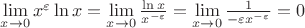 $\lim\limits_{x\to 0}x^\varepsilon \ln x=\lim\limits_{x\to 0}\frac{\ln x}{x^{-\varepsilon}}=\lim\limits_{x\to 0}\frac{1}{-\varepsilon x^{-\varepsilon}}=0$
