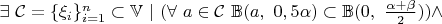 $\exists\ \mathcal{C}=\{\xi_i\}_{i=1}^n\subset\mathbb{V}\ |\ (\forall\ a\in\mathcal{C}\ \mathbb{B}(a,\ 0,5\alpha)\subset\mathbb{B}(0,\ \frac{\alpha+\beta}{2}))\land$