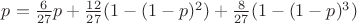 $p =  \frac 6{27}p + \frac {12}{27}(1-(1-p)^2)+\frac 8{27}(1-(1-p)^3)$