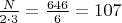 $ \frac{N}{2\cdot {3}}= \frac {646}{6}= 107 $