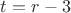 $t=r-3$