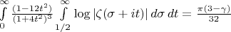 $\int\limits_{0}^{\infty}\frac{(1-12t^2)}{(1+4t^2)^3}\int\limits_{1/2}^{\infty}\log|\zeta(\sigma+i t)|\,d\sigma \,dt=\frac{\pi(3-\gamma)}{32}$