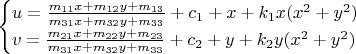 $$\begin{cases}
u=\frac{m_{11}x+m_{12}y+m_{13}}{m_{31}x+m_{32}y+m_{33}}+c_1+x+k_1x(x^2+y^2) \\
v=\frac{m_{21}x+m_{22}y+m_{23}}{m_{31}x+m_{32}y+m_{33}}+c_2+y+k_2y(x^2+y^2)
\end{cases}$$