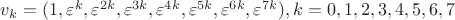 $v_k=(1,\varepsilon^k, \varepsilon^{2k}, \varepsilon^{3k}, \varepsilon^{4k}, \varepsilon^{5k}, \varepsilon^{6k}, \varepsilon^{7k}), k = 0, 1, 2, 3, 4, 5, 6, 7$