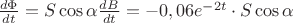 $\[\frac{{d\Phi }}{{dt}} = S\cos \alpha \frac{{dB}}{{dt}} = - 0,06{e^{ - 2t}} \cdot S\cos \alpha \]$
